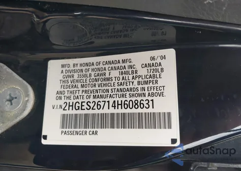 2004 Honda Civic Ex from USA, damaged, VIN 2HGES26714H608631